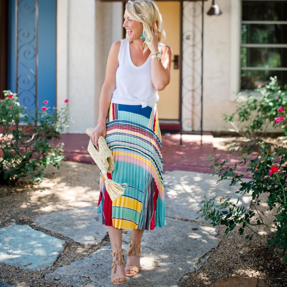 LOFT Knife-Pleated Multi-Color Midi Skirt
